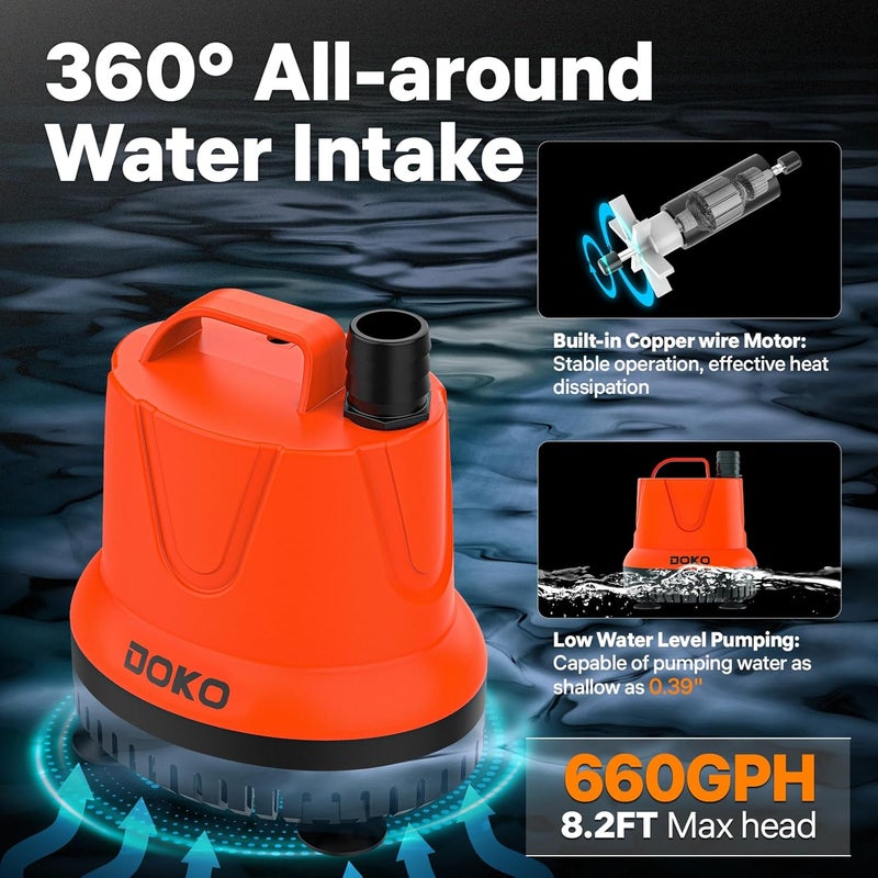 DOKO Small Submersible Water Pump, 660GPH Pond Pump with 6FT Power Cord and Handle, Ultra Quiet Pool Pump with 4 Nozzles and 4 Suction Cups, Drain Pump for Bathtub Pool Fish Tank - Image 2